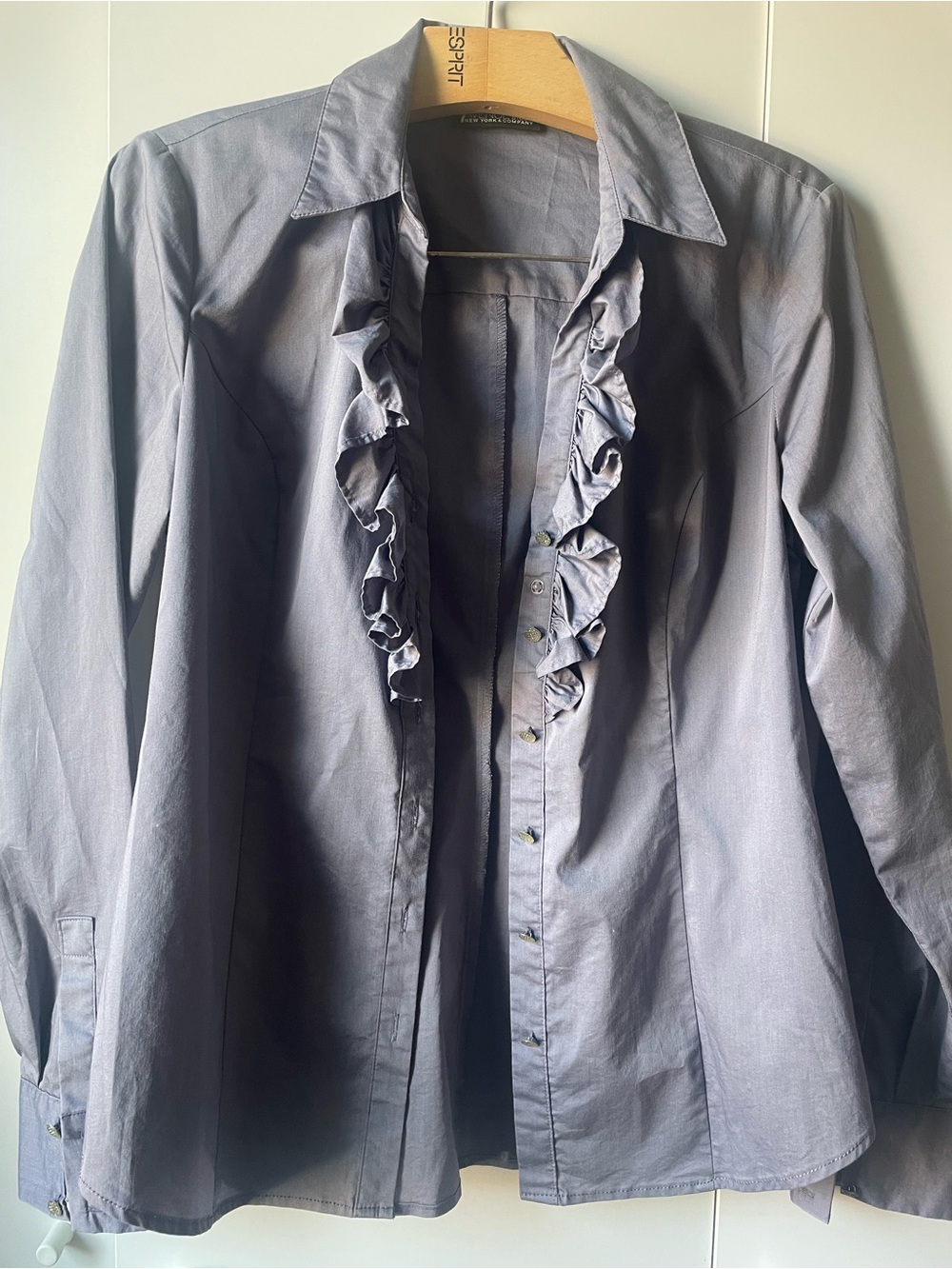 Women's Ruffle Front Button-Down Shirt - Gray - Picture 2 of 4